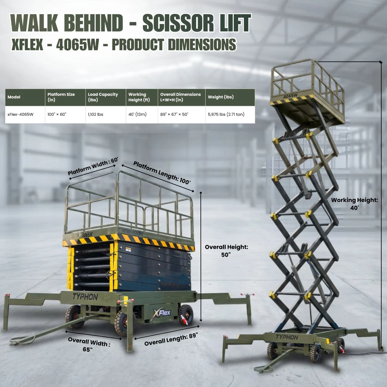 TYPHON xFlex-4065W Walk-Behind Scissor Lift 2.7 Ton with Assisted Walking, Manual outriggers of 40 ft lifting Height & 110V Electric View 2