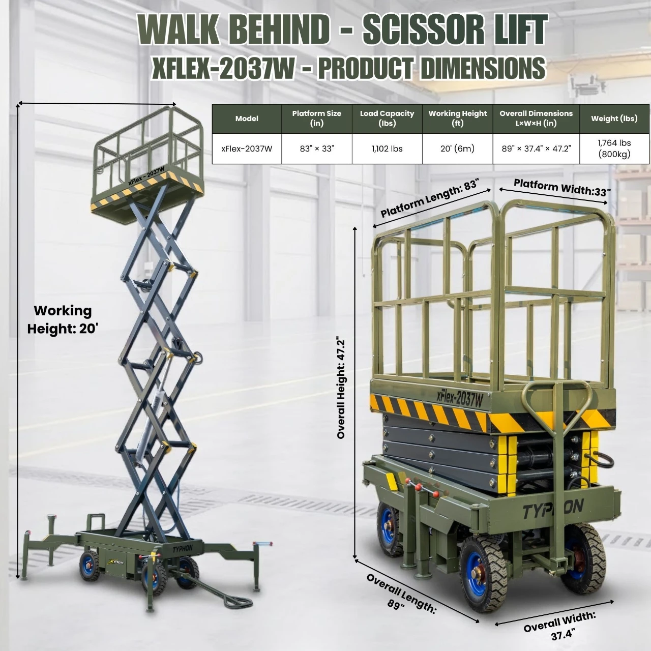 TYPHON xFlex-2037W Walk-Behind Scissor Lift comes with 20ft Working Height and Manual outriggers 1102 lbs load capacity 110V Electric View 2