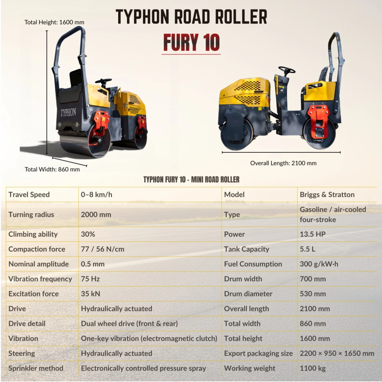 TYPHON Fury 10 Mini Road Roller 1Ton Hydraulic oil B&S 13.5hp gas USA air-cooled View 2