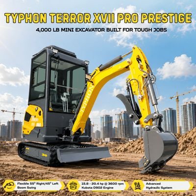 TYPHON TERROR XVII PRO Prestige Edition Mini Excavator 4000LB Kubota D902 Diesel, Enclosed Cab with AC/Heat, Hydraulic Thumb View 12