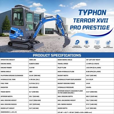 TYPHON TERROR XVII PRO Prestige Edition – Enclosed Mini Excavator with AC, Heater & Ergonomic Comfort View 3